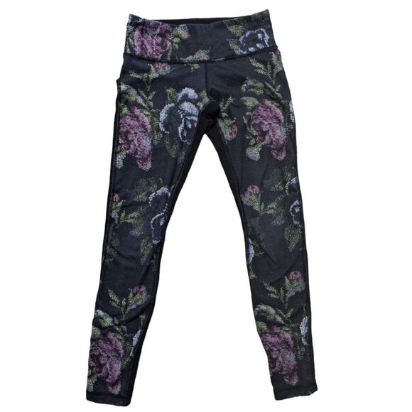 Lululemon Size 4 Wunder Under Pants Leggings Black Pink Full On Luon Garden - Picture 1 of 11